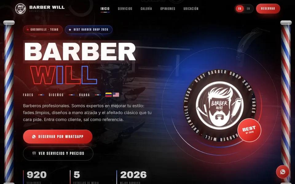 Página web de la barbería Barber Will en Texas, diseñada por Los Visionarios Company